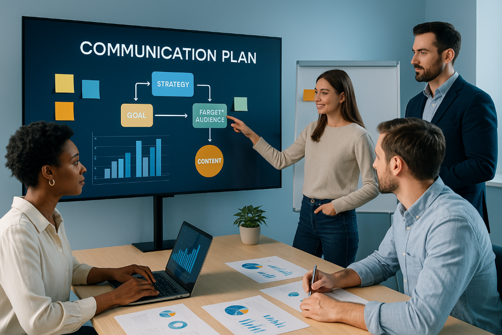 Équipe marketing définissant la cible et les objectifs d'un plan de communication sur un écran.