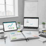 Bureau d'entrepreneur avec un carnet noté Plan de communication et une tablette affichant des objectifs SEO pour une stratégie claire.