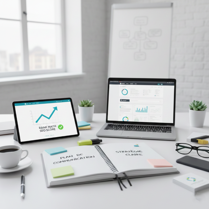Bureau d'entrepreneur avec un carnet noté Plan de communication et une tablette affichant des objectifs SEO pour une stratégie claire.