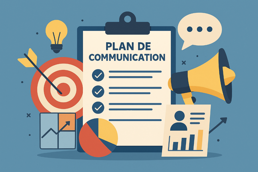 Illustration d'un plan de communication avec mégaphone pour les canaux et cible pour les objectifs stratégiques.